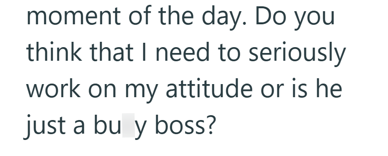moment of the day. Do you think that I need to seriously work on my attitude or is he just a bu y boss?
