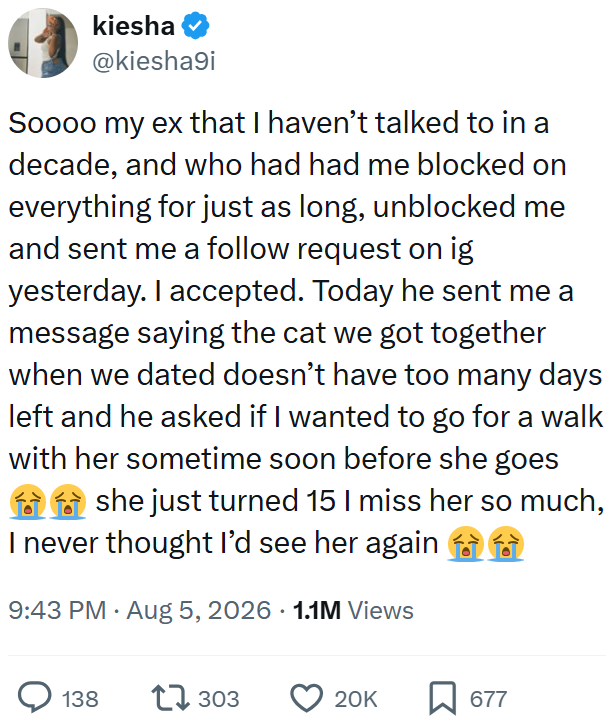 kiesha @kiesha9i Soooo my ex that I haven't talked to in a decade, and who had had me blocked on everything for just as long, unblocked me and sent me a follow request on ig yesterday. I accepted. Today he sent me a message saying the cat we got together when we dated doesn't have too many days left and he asked if I wanted to go for a walk with her sometime soon before she goes she just turned 15 I miss her so much, I never thought I'd see her again 9:43 PM • Aug 5, 2026 1.1M Views 138 17303 20