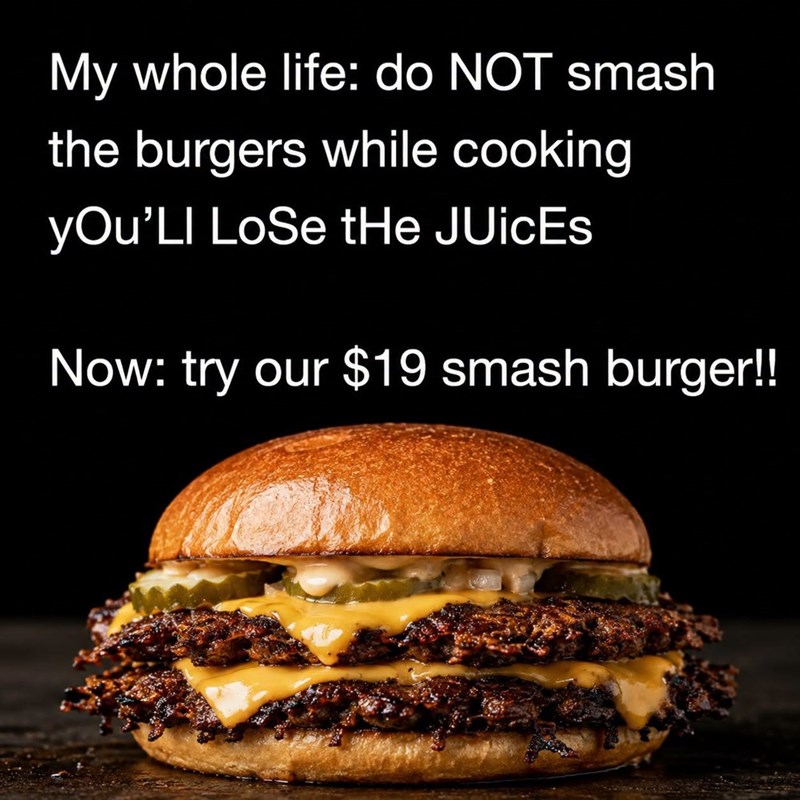 My whole life: do NOT smash the burgers while cooking you'LI Lose the JuicEs Now: try our $19 smash burger!!