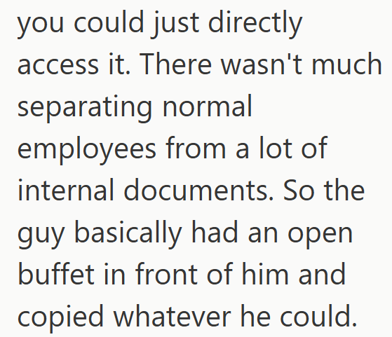 you could just directly access it. There wasn't much separating normal employees from a lot of internal documents. So the guy basically had an open buffet in front of him and copied whatever he could.