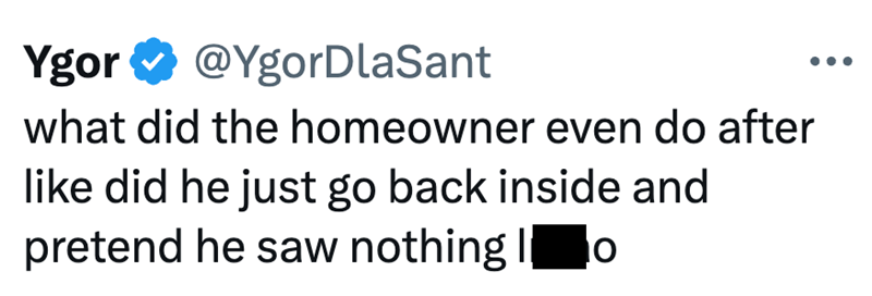 Ygor @YgorDlaSant what did the homeowner even do after like did he just go back inside and pretend he saw nothing