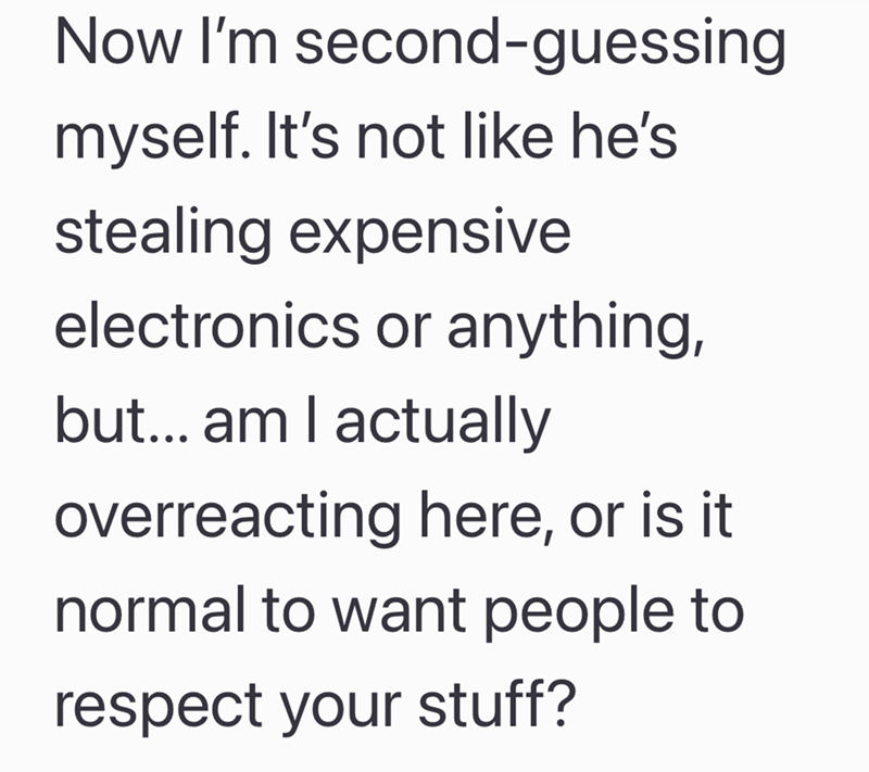 Now I'm second-guessing myself. It's not like he's stealing expensive electronics or anything, but... am I actually overreacting here, or is it normal to want people to respect your stuff?