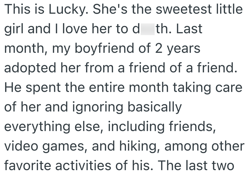 This is Lucky. She's the sweetest little girl and I love her to d th. Last month, my boyfriend of 2 years adopted her from a friend of a friend. He spent the entire month taking care of her and ignoring basically everything else, including friends, video games, and hiking, among other favorite activities of his. The last two