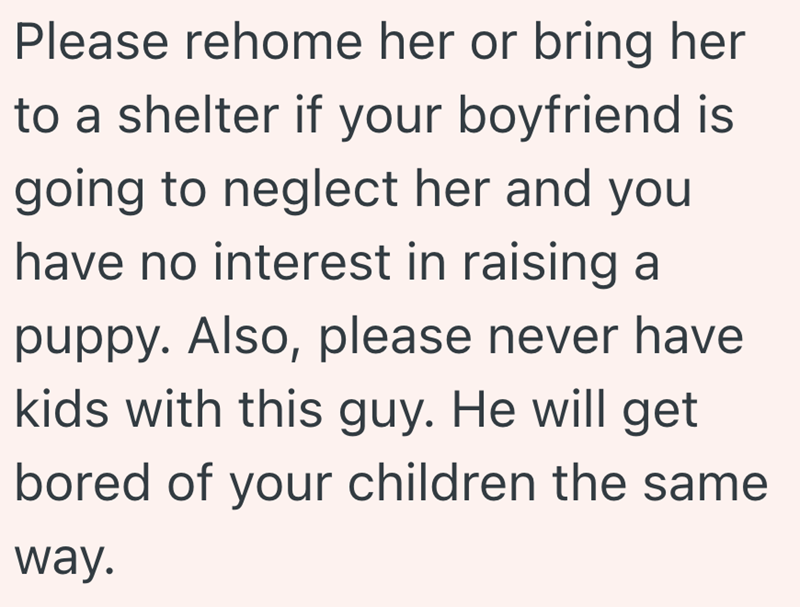 Please rehome her or bring her to a shelter if your boyfriend is going to neglect her and you have no interest in raising a puppy. Also, please never have kids with this guy. He will get bored of your children the same way.