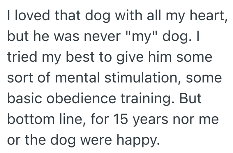 I loved that dog with all my heart, but he was never "my" dog. I tried my best to give him some sort of mental stimulation, some basic obedience training. But bottom line, for 15 years nor me or the dog were happy.