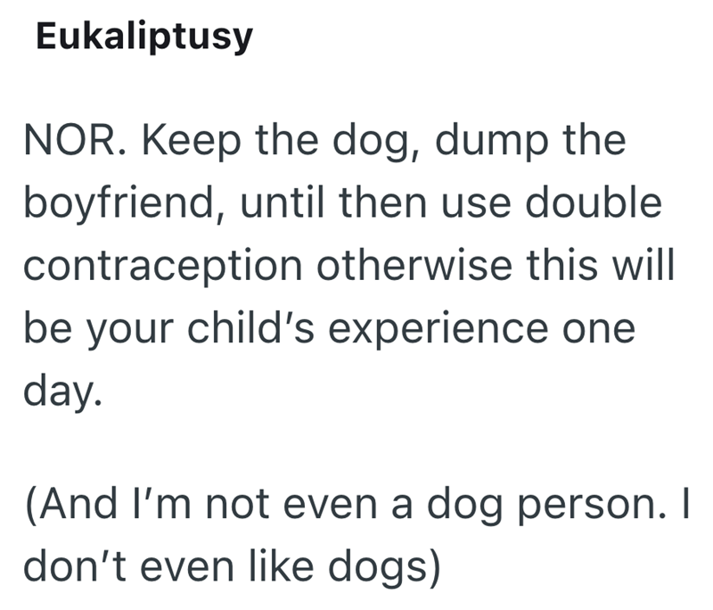Eukaliptusy NOR. Keep the dog, dump the boyfriend, until then use double contraception otherwise this will be your child's experience one day. (And I'm not even a dog person. I don't even like dogs)