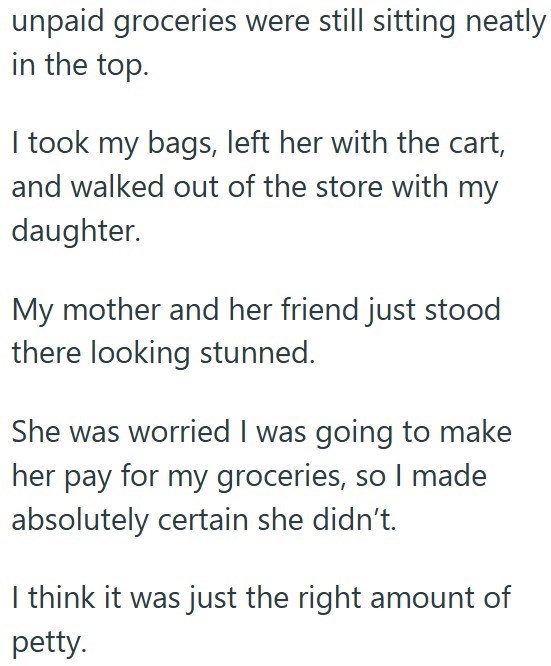 unpaid groceries were still sitting neatly in the top. I took my bags, left her with the cart, and walked out of the store with my daughter. My mother and her friend just stood there looking stunned. She was worried I was going to make her pay for my groceries, so I made absolutely certain she didn't. I think it was just the right amount of petty.