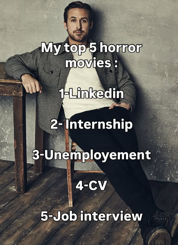 My top 5 horror movies: 1-Linkedin 2- Internship 3-Unemployement 4-CV 5-Job interview m