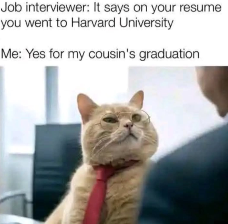 Job interviewer: It says on your resume. you went to Harvard University Me: Yes for my cousin's graduation