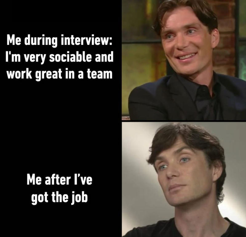 Me during interview: I'm very sociable and work great in a team Me after I've got the job