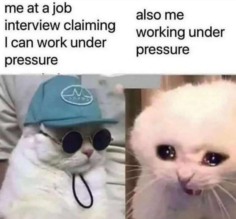 me at a job also me interview claiming working under I can work under pressure pressure N