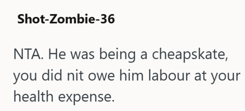 Shot-Zombie-36 NTA. He was being a cheapskate, you did nit owe him labour at your health expense.