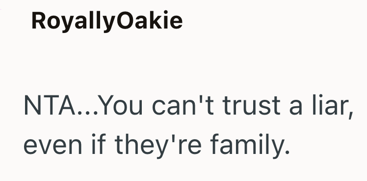 RoyallyOakie NTA...You can't trust a liar, even if they're family.