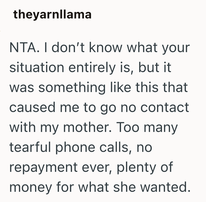 theyarnllama NTA. I don't know what your situation entirely is, but it was something like this that caused me to go no contact with my mother. Too many tearful phone calls, no repayment ever, plenty of money for what she wanted.