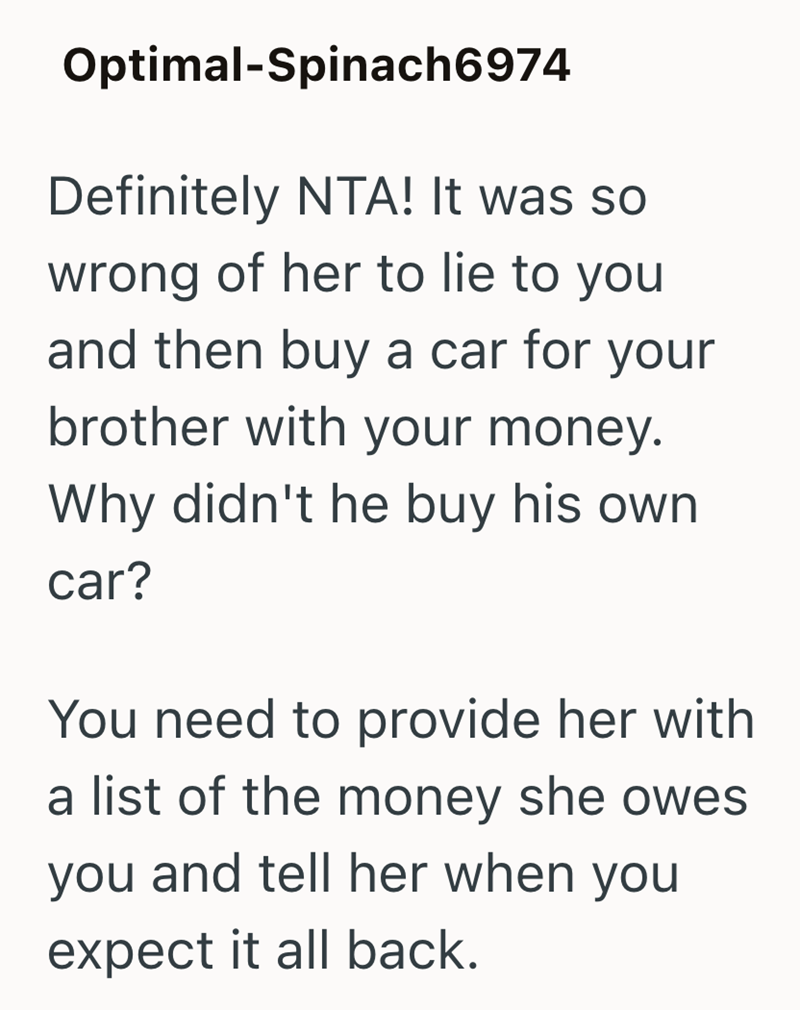 Optimal-Spinach6974 Definitely NTA! It was so wrong of her to lie to you and then buy a car for your brother with your money. Why didn't he buy his own car? You need to provide her with a list of the money she owes you and tell her when you expect it all back.