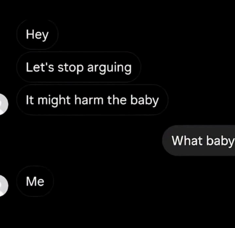 Hey Let's stop arguing It might harm the baby What baby Me