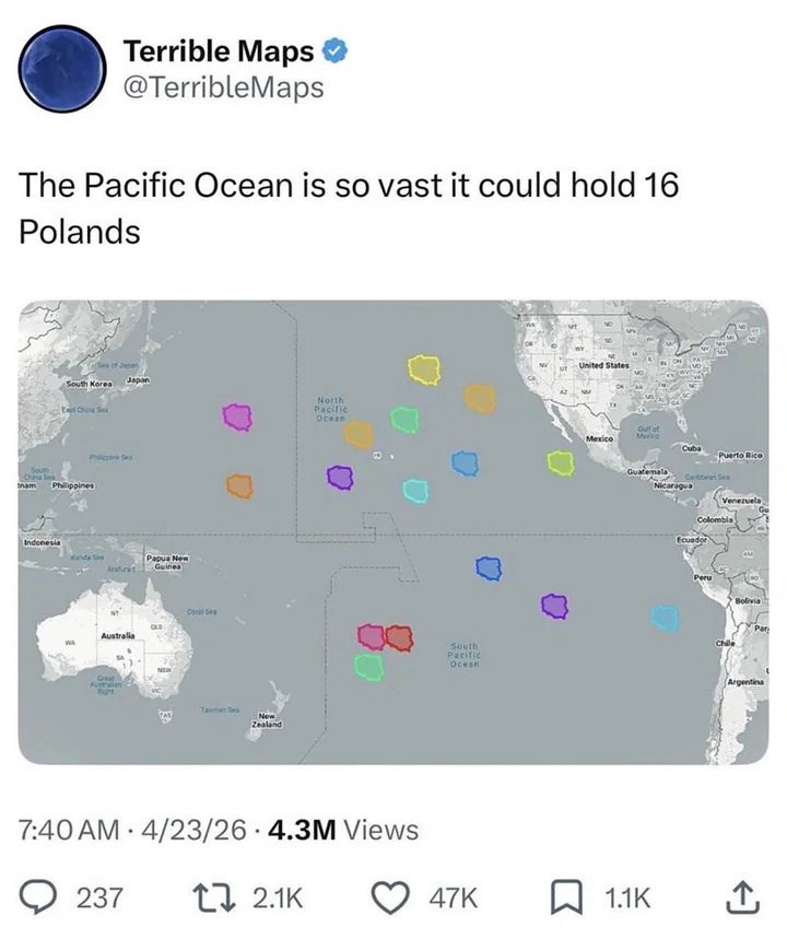 Terrible Maps @TerribleMaps The Pacific Ocean is so vast it could hold 16 Polands South Korea Chora S tham Philippines Japan Indonesia Papua New Guinea Australia Great Fustralian Coral Sea CLB T New Zealand North Pacific Ocean 7:40 AM 4/23/26 4.3M Views 237 12.1K South Pacific Ocean MT United States Out of Marko Mexico Puerto Rico Guatemala Nicaragua Venezuela Colombia Ecuador Peru Bolivia Par Chile Argentina 47K 1.1K ↑