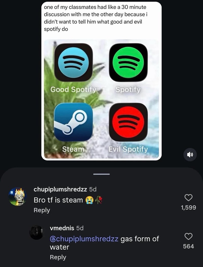 one of my classmates had like a 30 minute discussion with me the other day because i didn't want to tell him what good and evil spotify do Good Spotify Spotify ( Steam Evil Spotify chupiplumshredzz 5d Bro tf is steam Reply vmednis 5d chupiplumshredzz gas form of water Reply 1,599 564