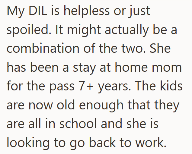 My DIL is helpless or just spoiled. It might actually be a combination of the two. She has been a stay at home mom for the pass 7+ years. The kids are now old enough that they are all in school and she is looking to go back to work.