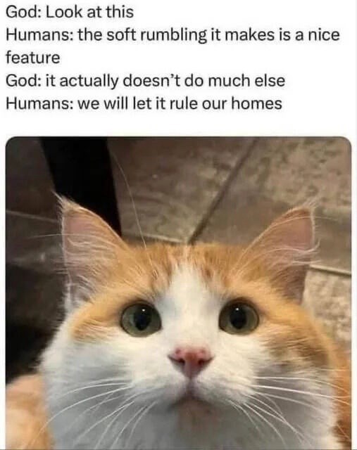 God: Look at this Humans: the soft rumbling it makes is a nice feature God: it actually doesn't do much else Humans: we will let it rule our homes