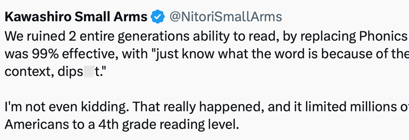 Kawashiro Small Arms @NitoriSmallArms We ruined 2 entire generations ability to read, by replacing Phonics was 99% effective, with "just know what the word is because of the context, dips t." I'm not even kidding. That really happened, and it limited millions of Americans to a 4th grade reading level.