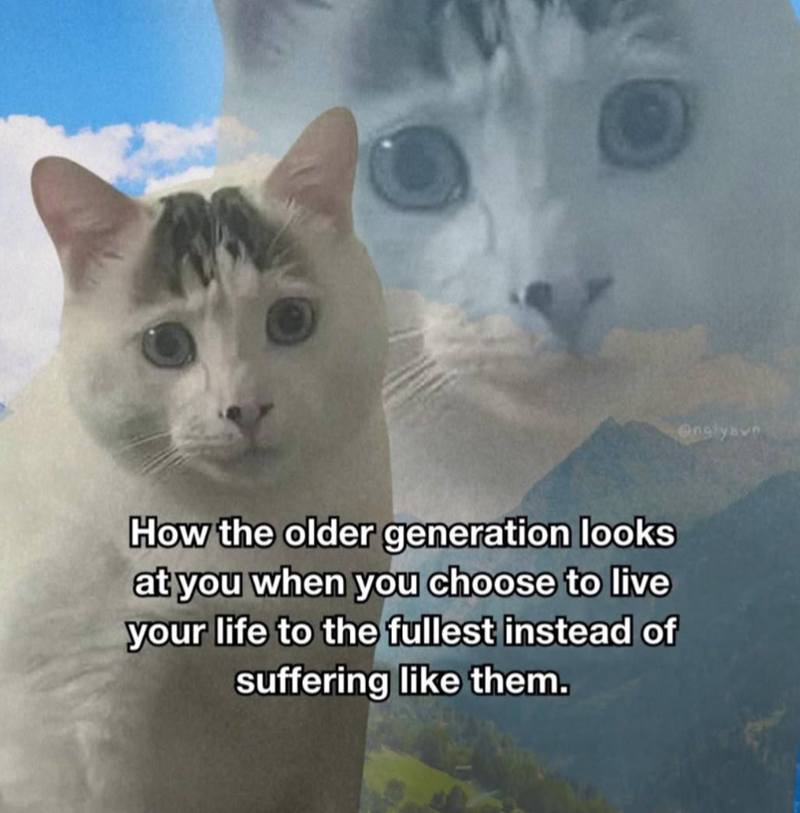 How the older generation looks at you when you choose to live your life to the fullest instead of suffering like them. Ongiyave