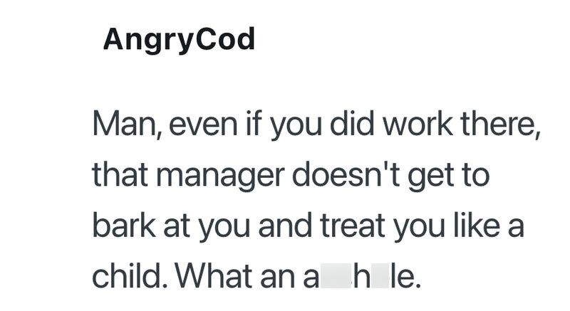 AngryCod Man, even if you did work there, that manager doesn't get to bark at you and treat you like a child. What an a h le.