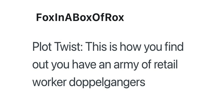 FoxInABoxOfRox Plot Twist: This is how you find out you have an army of retail worker doppelgangers