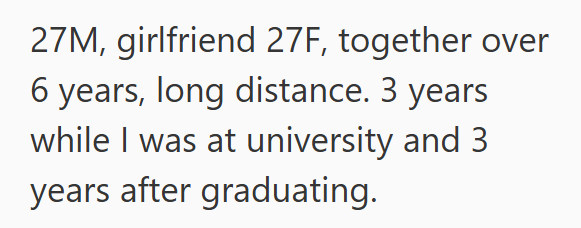27M, girlfriend 27F, together over 6 years, long distance. 3 years while I was at university and 3 years after graduating.