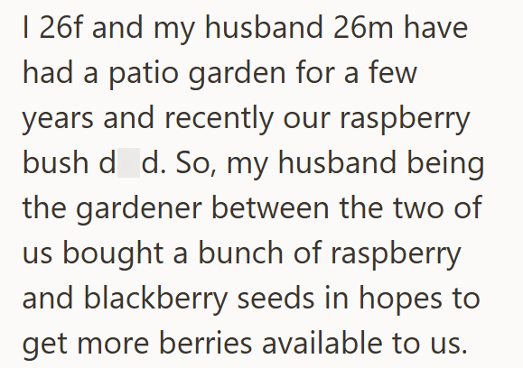 1 26f and my husband 26m have had a patio garden for a few years and recently our raspberry bush d d. So, my husband being the gardener between the two of us bought a bunch of raspberry and blackberry seeds in hopes to get more berries available to us.