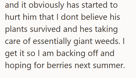 and it obviously has started to hurt him that I dont believe his plants survived and hes taking care of essentially giant weeds. I get it so I am backing off and hoping for berries next summer.
