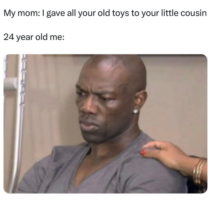 My mom: I gave all your old toys to your little cousin 24 year old me: