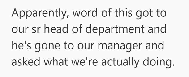 Apparently, word of this got to our sr head of department and he's gone to our manager and asked what we're actually doing.