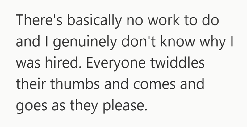 There's basically no work to do and I genuinely don't know why I was hired. Everyone twiddles their thumbs and comes and goes as they please.