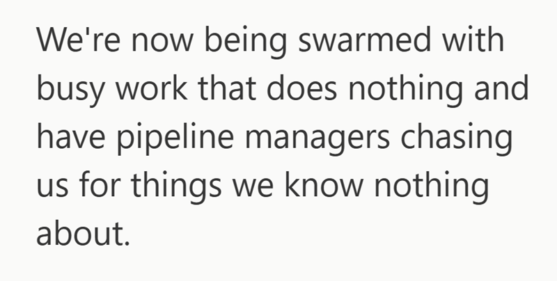 We're now being swarmed with busy work that does nothing and have pipeline managers chasing us for things we know nothing about.