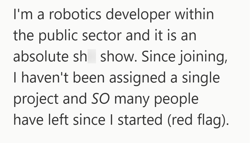 I'm a robotics developer within the public sector and it is an absolute sh show. Since joining, I haven't been assigned a single project and SO many people have left since I started (red flag).