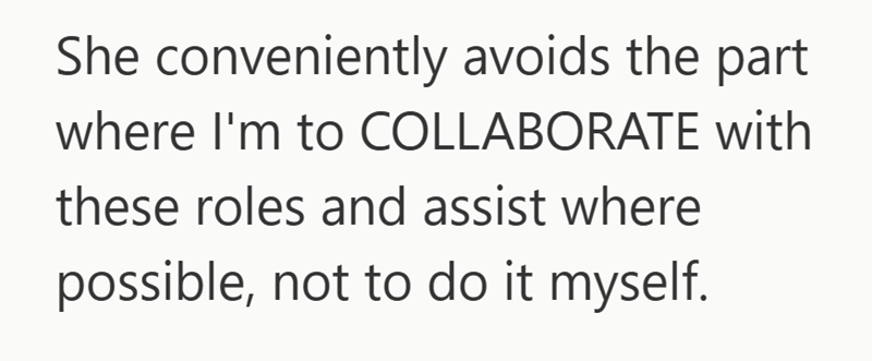 She conveniently avoids the part where I'm to COLLABORATE with these roles and assist where possible, not to do it myself.