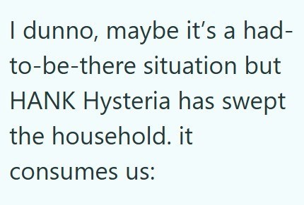 I dunno, maybe it's a had- to-be-there situation but HANK Hysteria has swept the household. it consumes us: