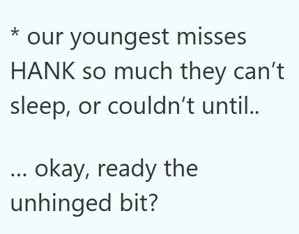 * our youngest misses HANK so much they can't sleep, or couldn't until.. ... okay, ready the unhinged bit?
