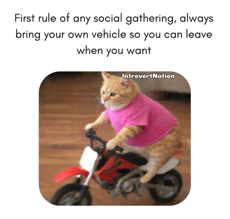 First rule of any social gathering, always bring your own vehicle so you can leave when you want IntrovertNation