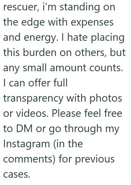 rescuer, i'm standing on the edge with expenses and energy. I hate placing this burden on others, but any small amount counts. I can offer full transparency with photos or videos. Please feel free to DM or go through my Instagram (in the comments) for previous cases.
