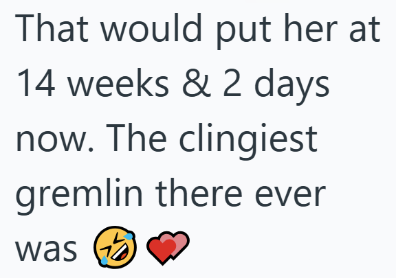 That would put her at 14 weeks & 2 days now. The clingiest gremlin there ever was