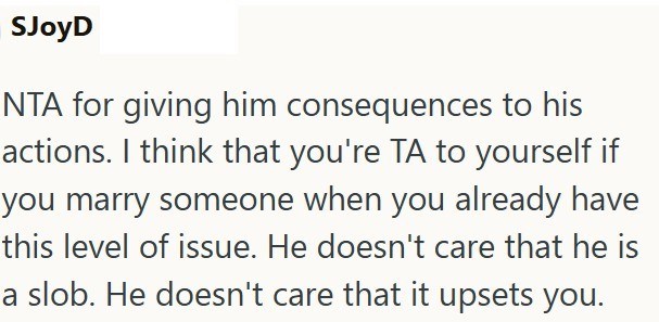SJoyD NTA for giving him consequences to his actions. I think that you're TA to yourself if you marry someone when you already have this level of issue. He doesn't care that he is a slob. He doesn't care that it upsets you.