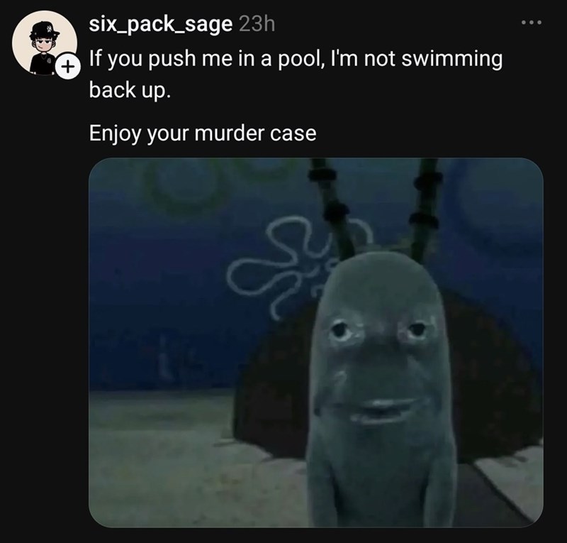 six_pack_sage 23h If you push me in a pool, I'm not swimming back up. Enjoy your murder case
