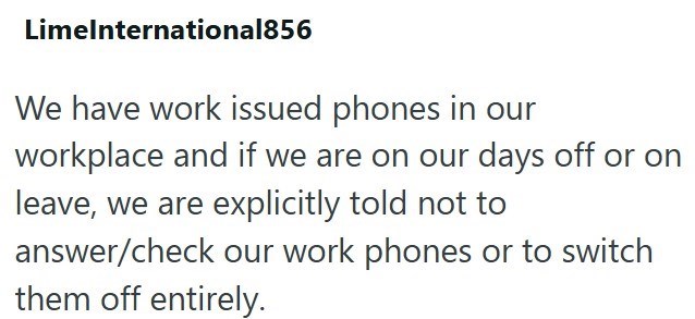 Limelnternational856 We have work issued phones in our workplace and if we are on our days off or on leave, we are explicitly told not to answer/check our work phones or to switch them off entirely.