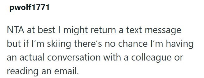 pwolf1771 NTA at best I might return a text message but if I'm skiing there's no chance I'm having an actual conversation with a colleague or reading an email.