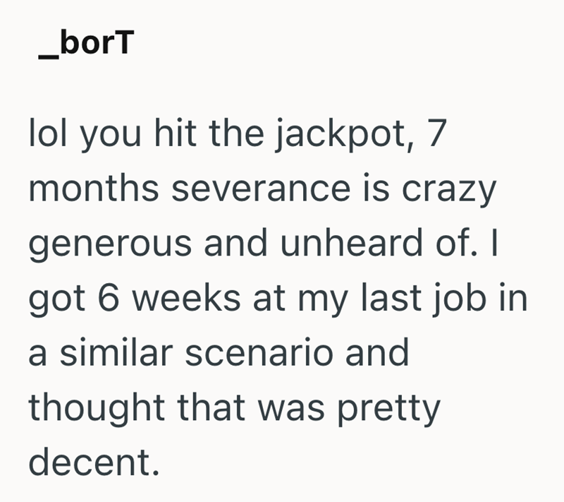 _borT lol you hit the jackpot, 7 months severance is crazy generous and unheard of. got 6 weeks at my last job in a similar scenario and thought that was pretty decent.