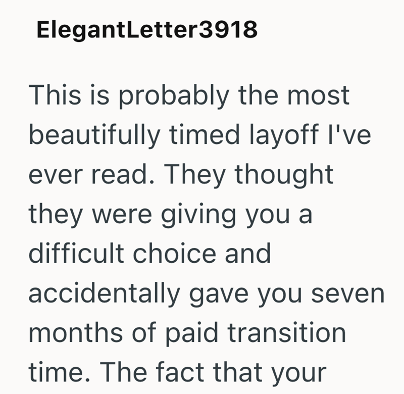 ElegantLetter3918 This is probably the most beautifully timed layoff I've ever read. They thought they were giving you a difficult choice and accidentally gave you seven months of paid transition time. The fact that your