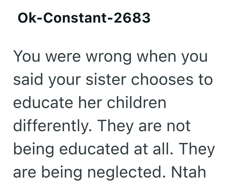 Ok-Constant-2683 You were wrong when you said your sister chooses to educate her children differently. They are not being educated at all. They are being neglected. Ntah
