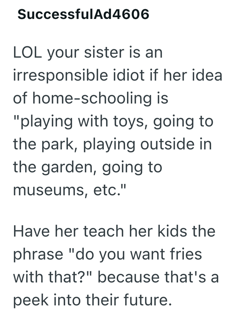 SuccessfulAd4606 LOL your sister is an irresponsible idiot if her idea of home-schooling is "playing with toys, going to the park, playing outside in the garden, going to museums, etc." Have her teach her kids the phrase "do you want fries with that?" because that's a peek into their future.